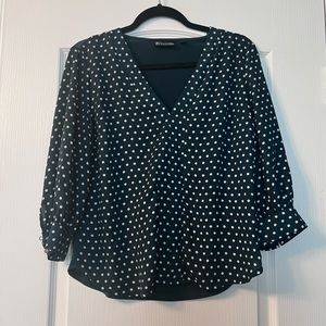 New York & Company, dark green and white polka dot, v neck blouse. Size small